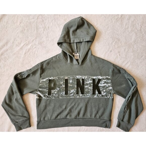 Victoria Secret Fleece Lined Cropped Pullover Sweatshirt Womens M Green Hooded - Picture 1 of 15